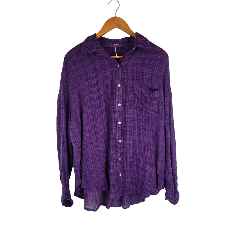 Free People Purple Plaid Gauze Button Down Popover Top Blouse Size‎ Extra Small